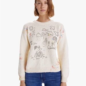 MOTHER Cream Pullover Sweater with Multicolor Sketch Details